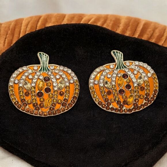 Large RhinestoneāPumpkin Earrings Fall Jewelry Pierced Ears Stud Posts Halloween - Picture 4 of 9